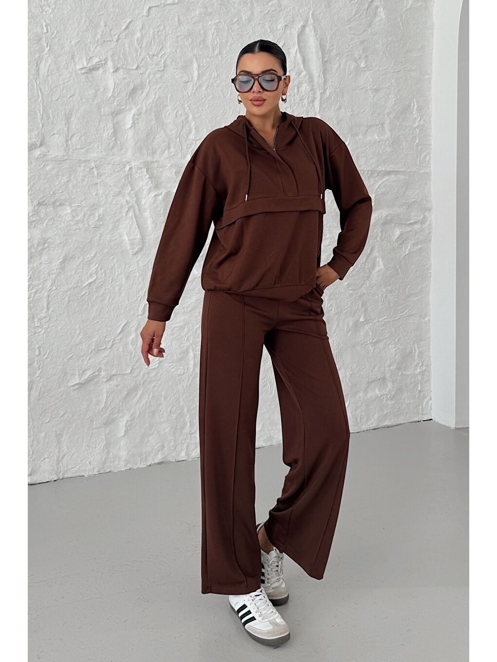 Kadın Kahverengi Kapüşonlu Biye Detaylı Yarım Fermuarlı Kanguru Cepli Alt-Üst Takım-2