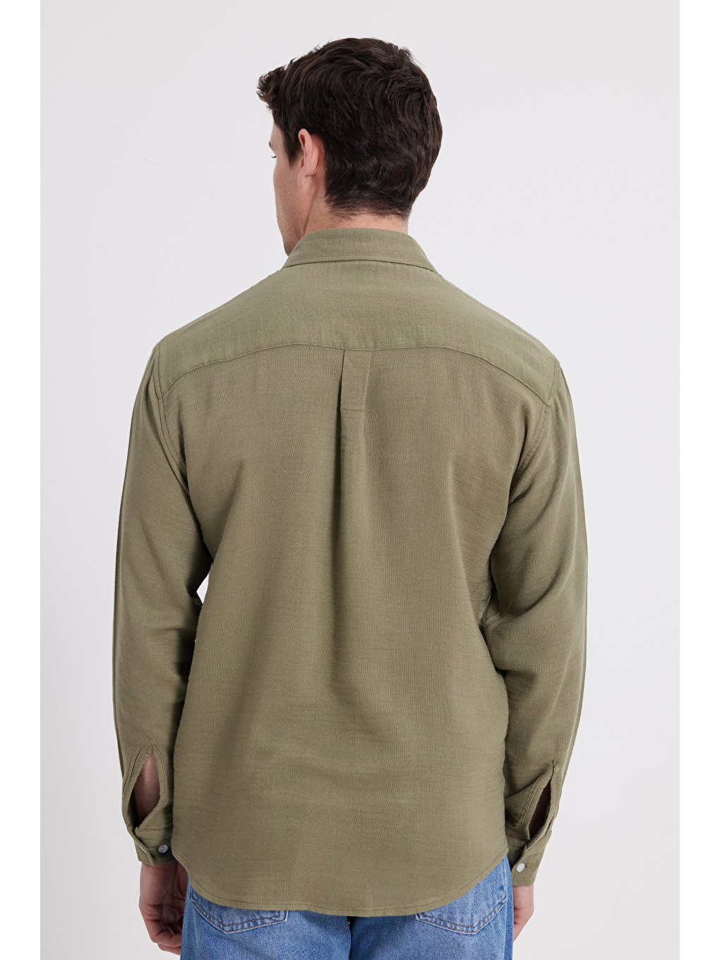 Erkek Relax Fit Rahat Kesim Oversize Müslin Viskon Pamuklu Tek Cepli Düz Haki Gömlek-5