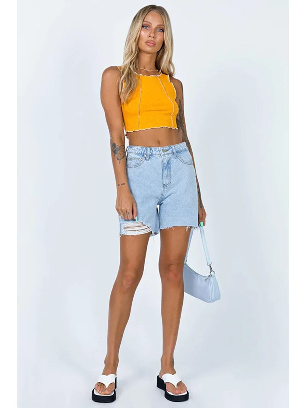 Açık Mavi Yırtık Detaylı Yüksek Bel Jean Şort Mg1749-5