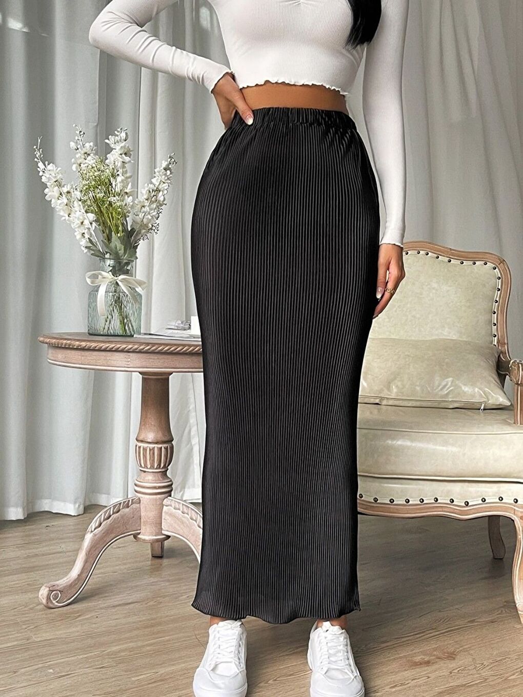 Kadın Siyah Beli Lastikli Maxi Boy Piliseli Etek-2