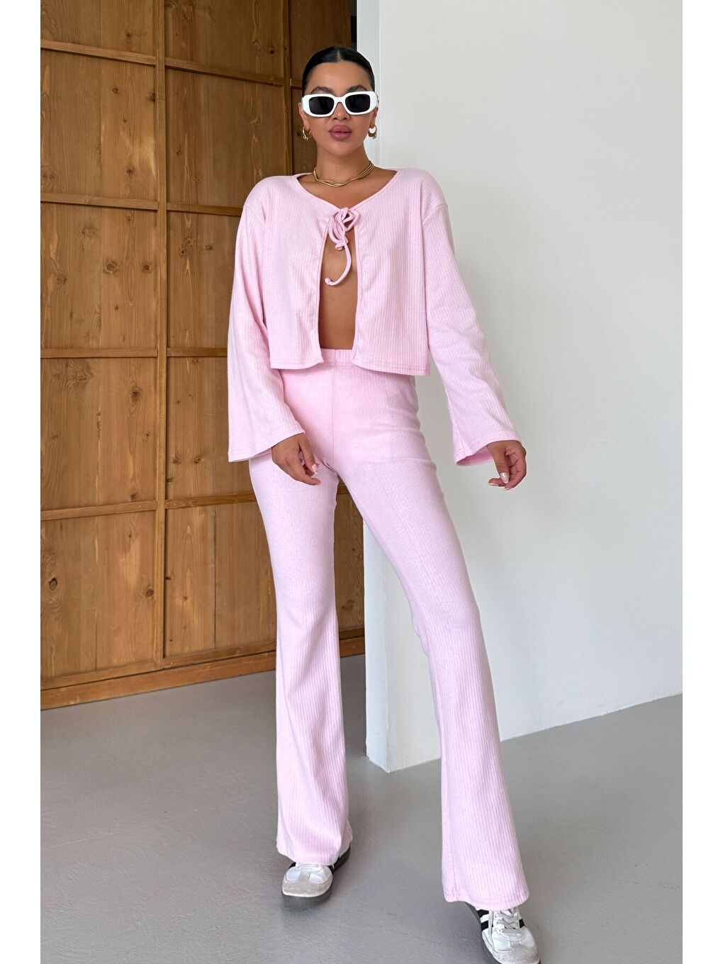 Kadın Pembe Önden Bağcık Detay Fitilli Crop Pantolon Takım-6