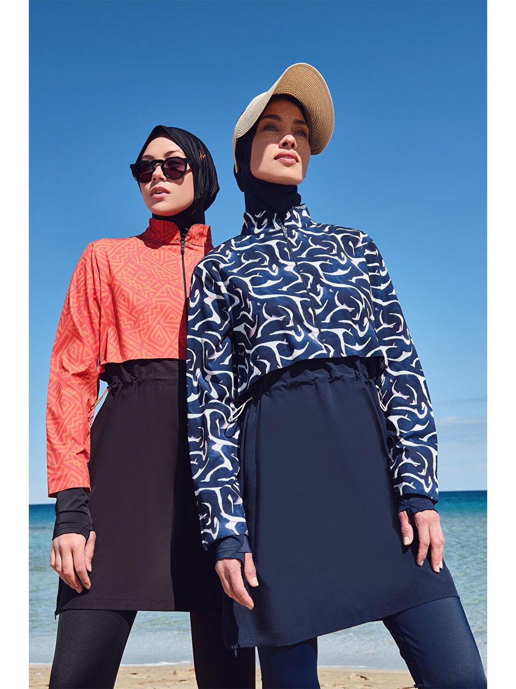 Esila Turuncu Siyah Jileli 5 Parça Tam Tesettür Mayo Takımı 2934-2