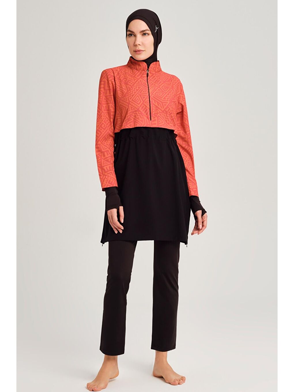 Esila Turuncu Siyah Jileli 5 Parça Tam Tesettür Mayo Takımı 2934-3