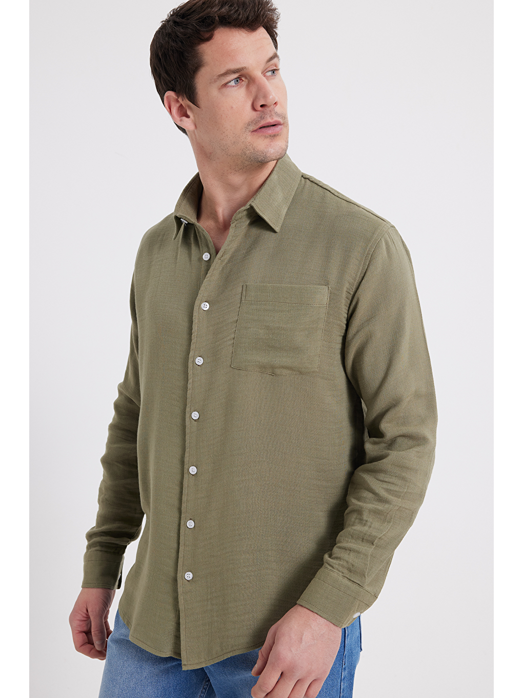 Erkek Relax Fit Rahat Kesim Oversize Müslin Viskon Pamuklu Tek Cepli Düz Haki Gömlek-6