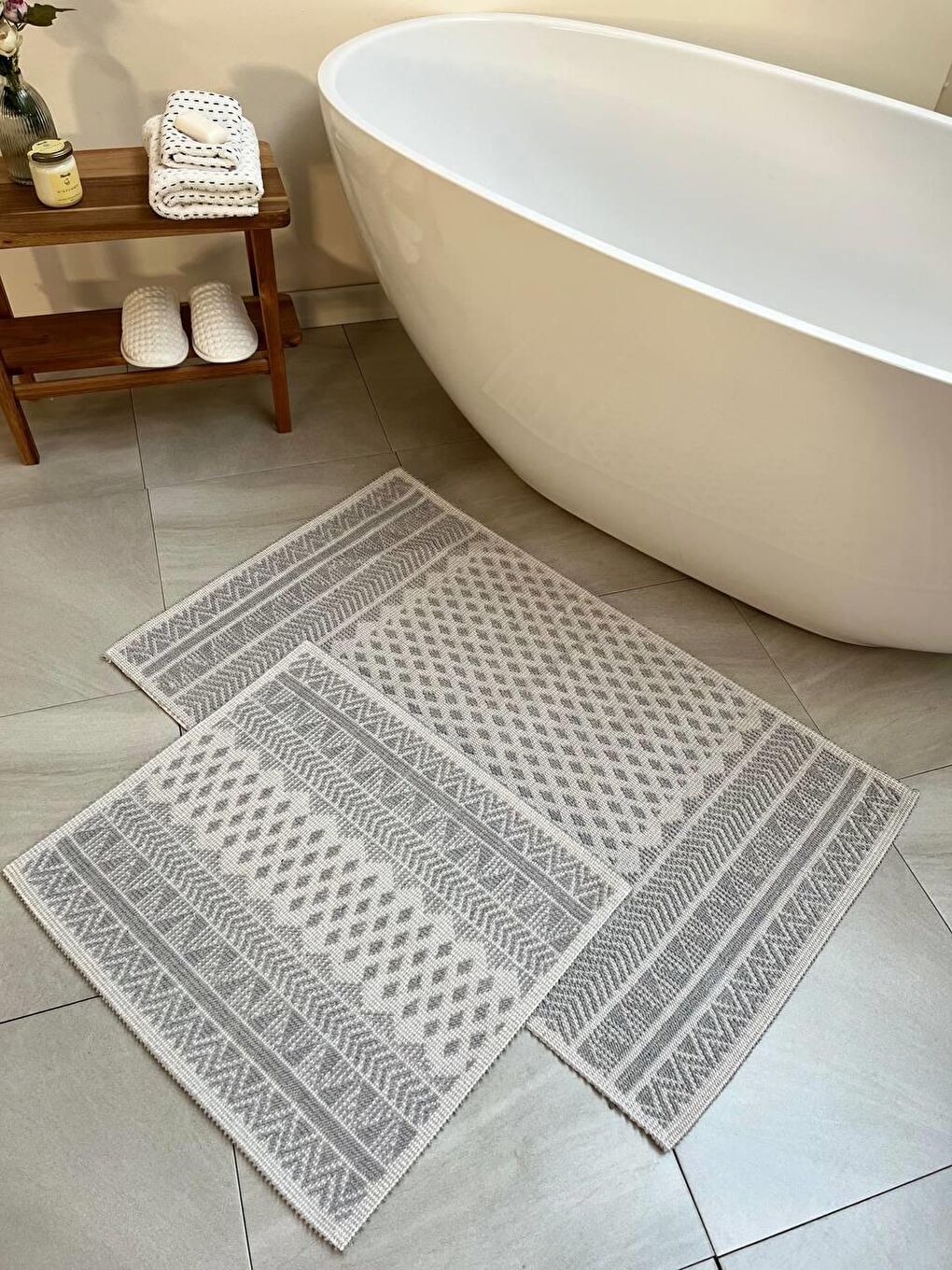 Gri Tapis Bukle Doğal Pamuklu 2'li Banyo Paspas Seti 60X100+50X60 CM - GRİ