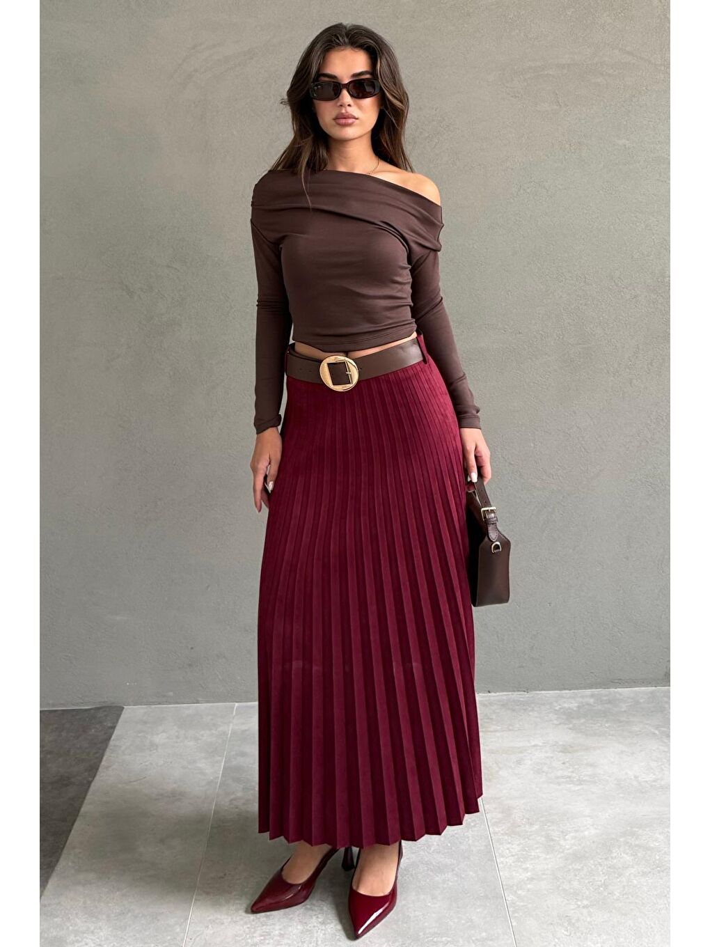 Bordo Pileli Kemerli Uzun Süet Kadın Etek Mg2576-4