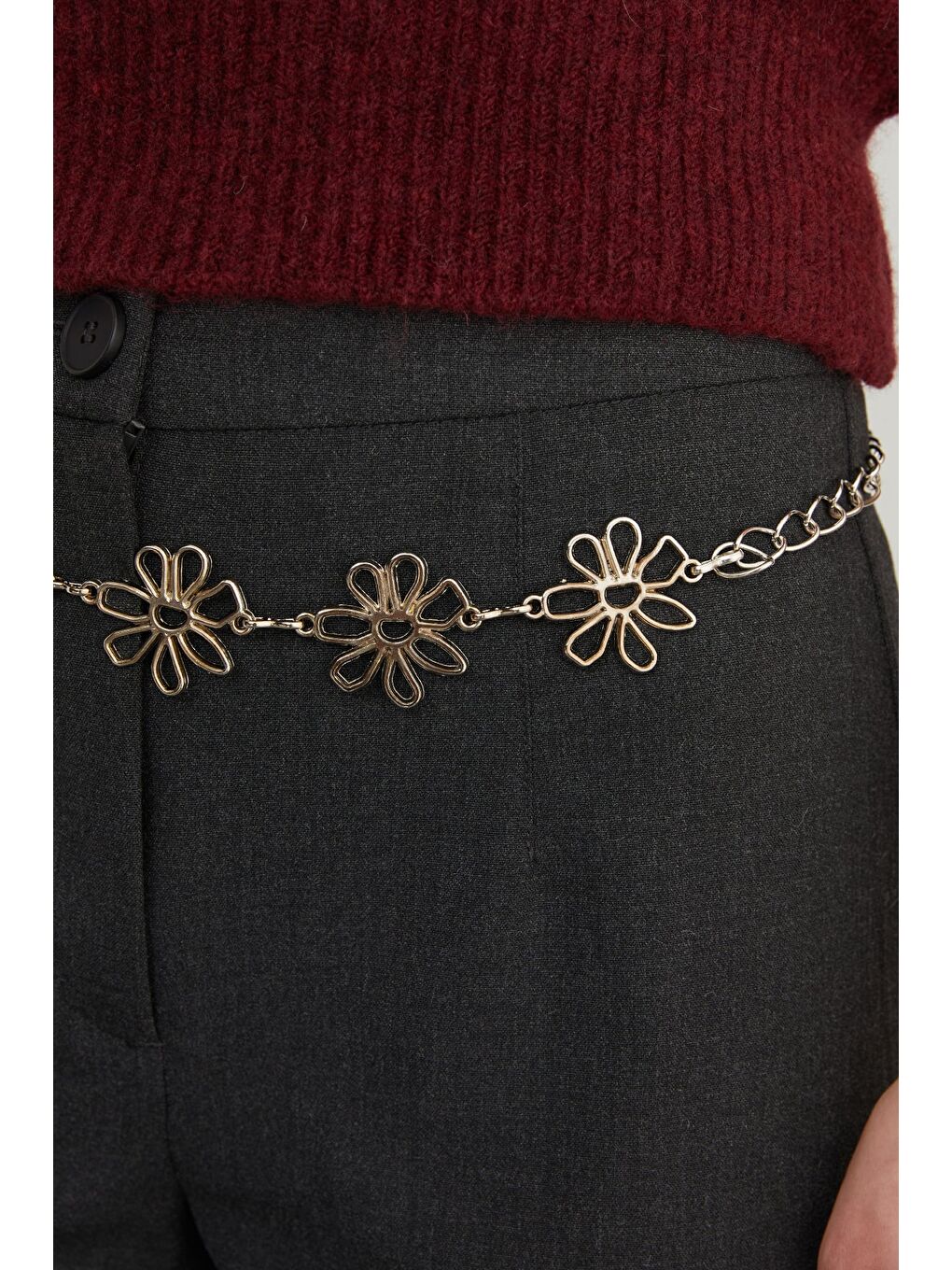 Gri Çiçek Detaylı Zincir Kemer-4