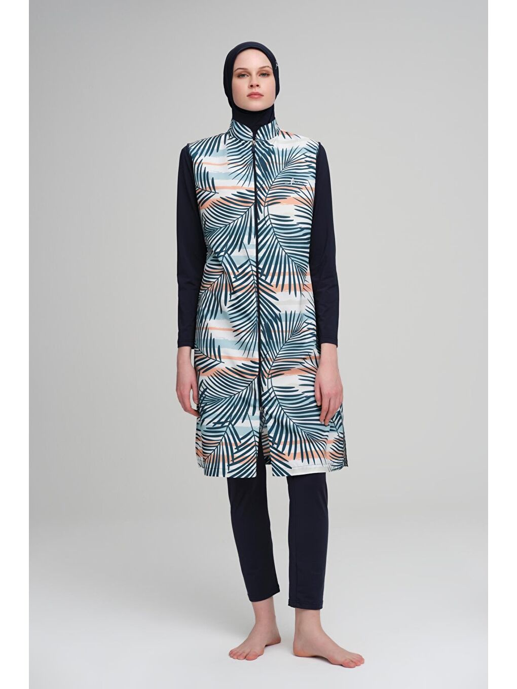 Palmiye Yaprak Desenli Lacivert Jileli 4 Parça Tam Tesettür Mayo Takımı 3008