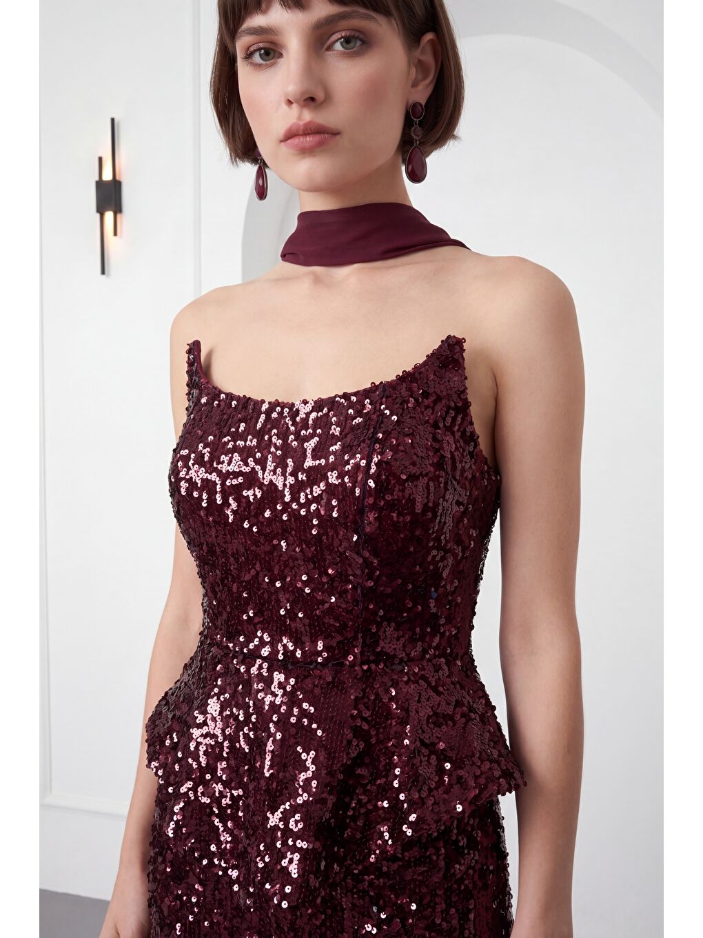 Kadın Bordo Şal Yaka Pul Payet Uzun Balık Abiye Elbise-2