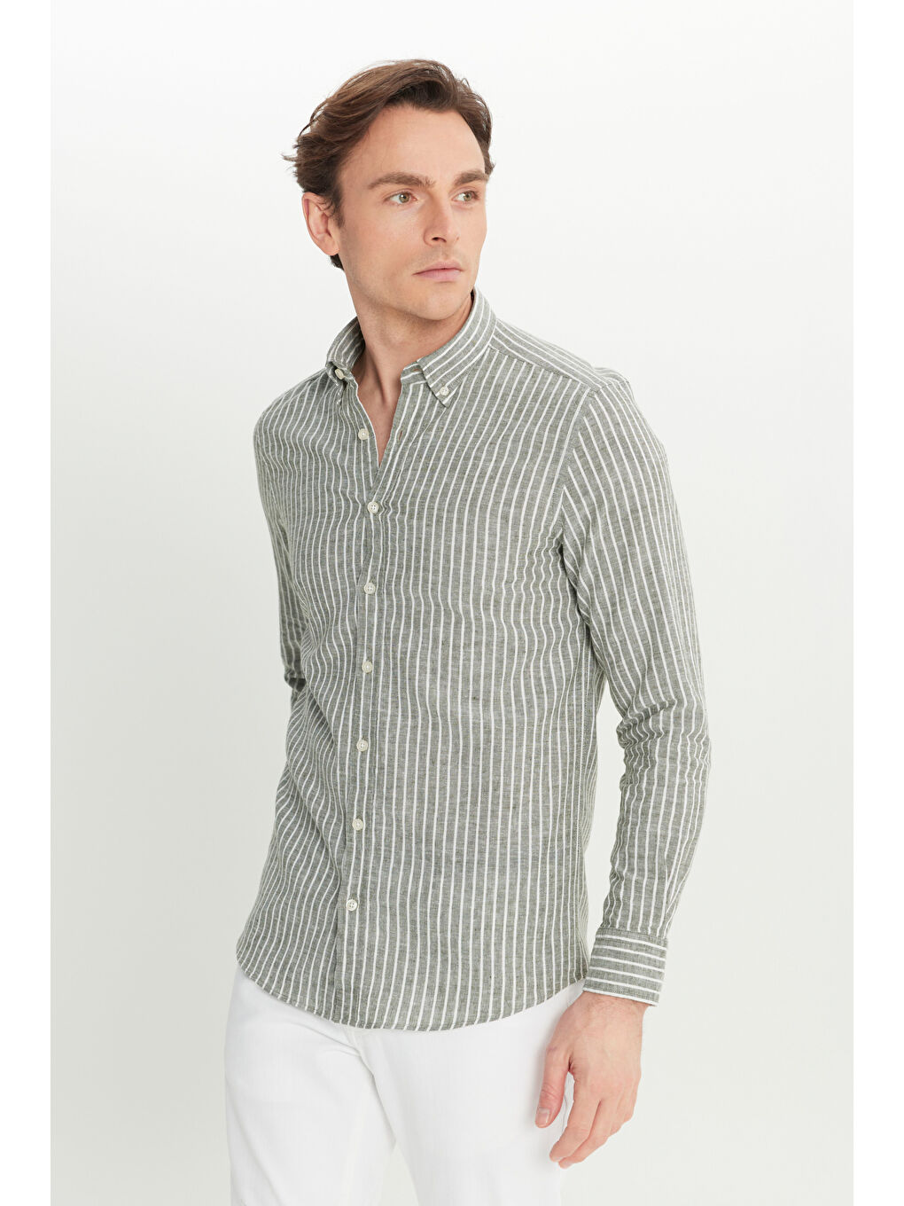 Erkek Haki Keten Slim Fit Dar Kesim Düğmeli Yaka Çizgili Gömlek-2