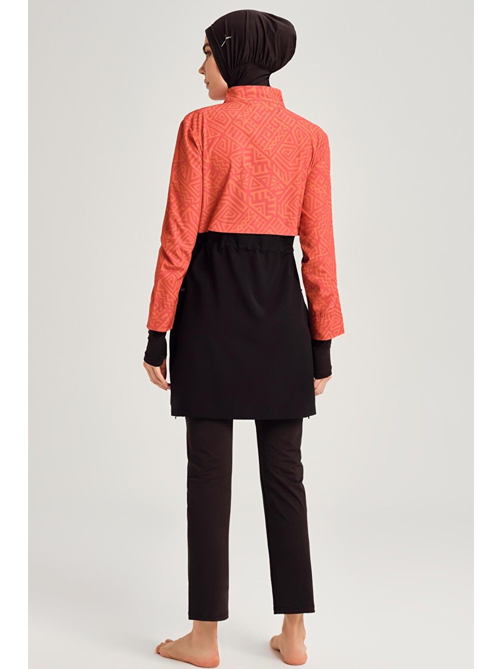 Esila Turuncu Siyah Jileli 5 Parça Tam Tesettür Mayo Takımı 2934-5