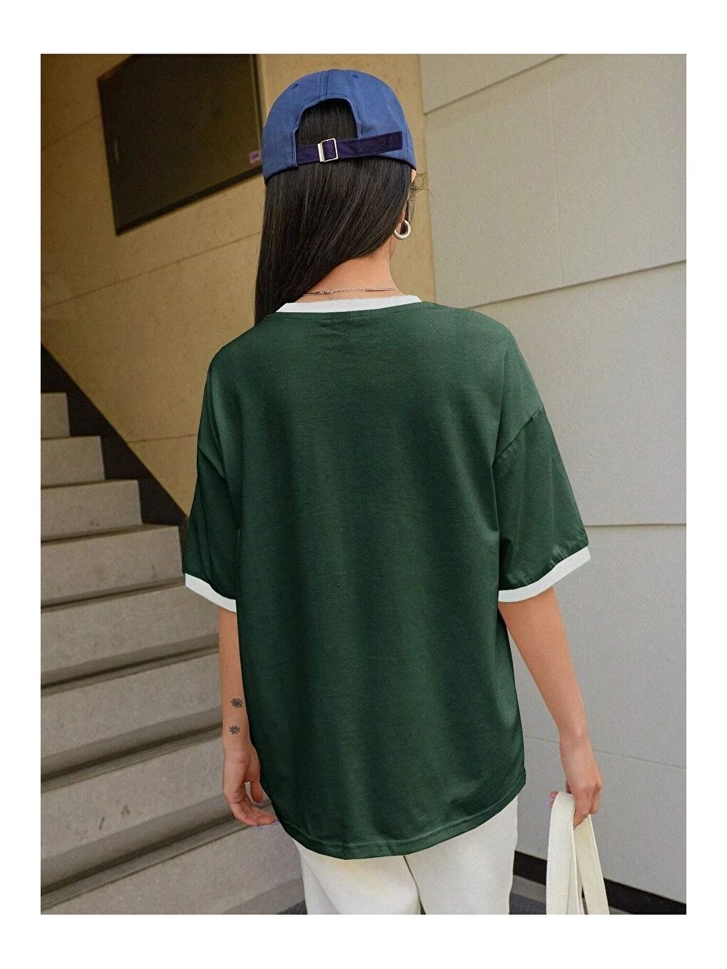 Uncool Parçalı Süprem T Shirt   Nefti Yeşil Beyaz Oversize Bisiklet Yaka Kısa Kol Tişört-1