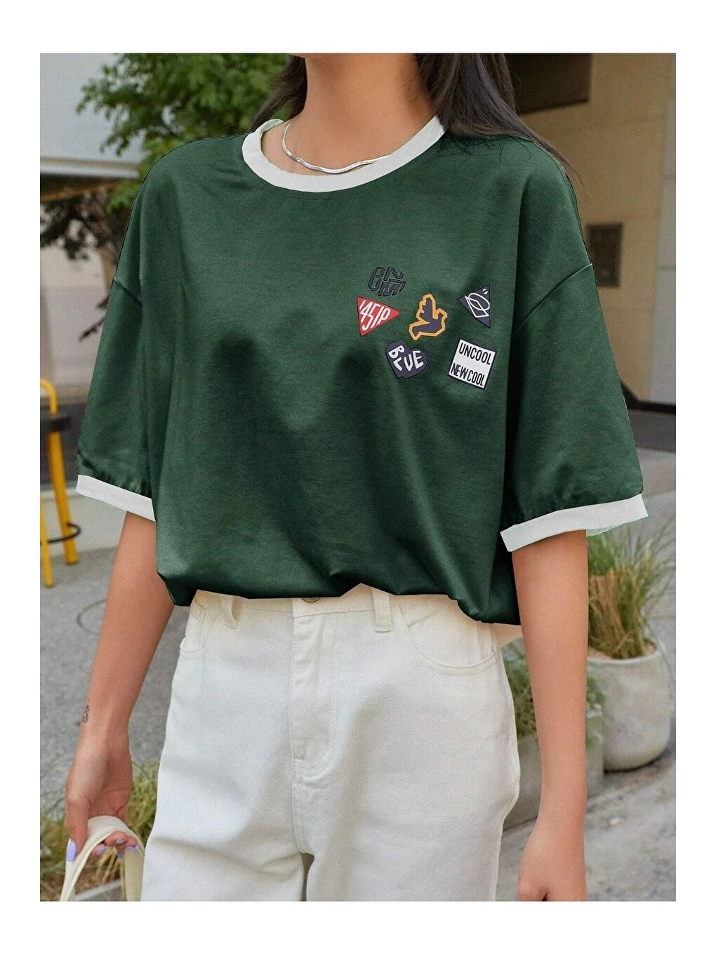 Uncool Parçalı Süprem T Shirt   Nefti Yeşil Beyaz Oversize Bisiklet Yaka Kısa Kol Tişört-2