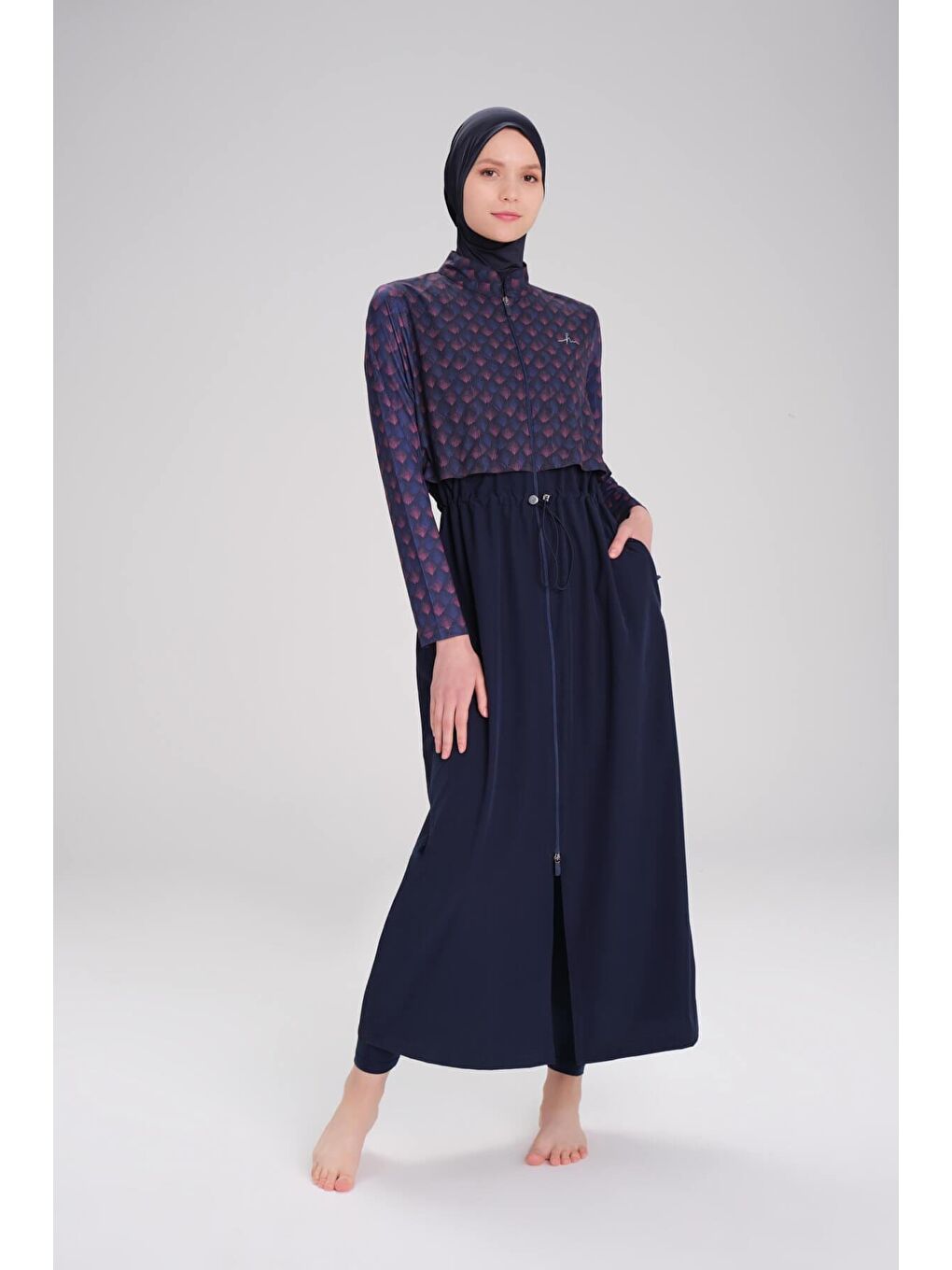 Tam Boy Jileli Lacivert 5 Parça Tam Tesettür Mayo Takımı 4059-3