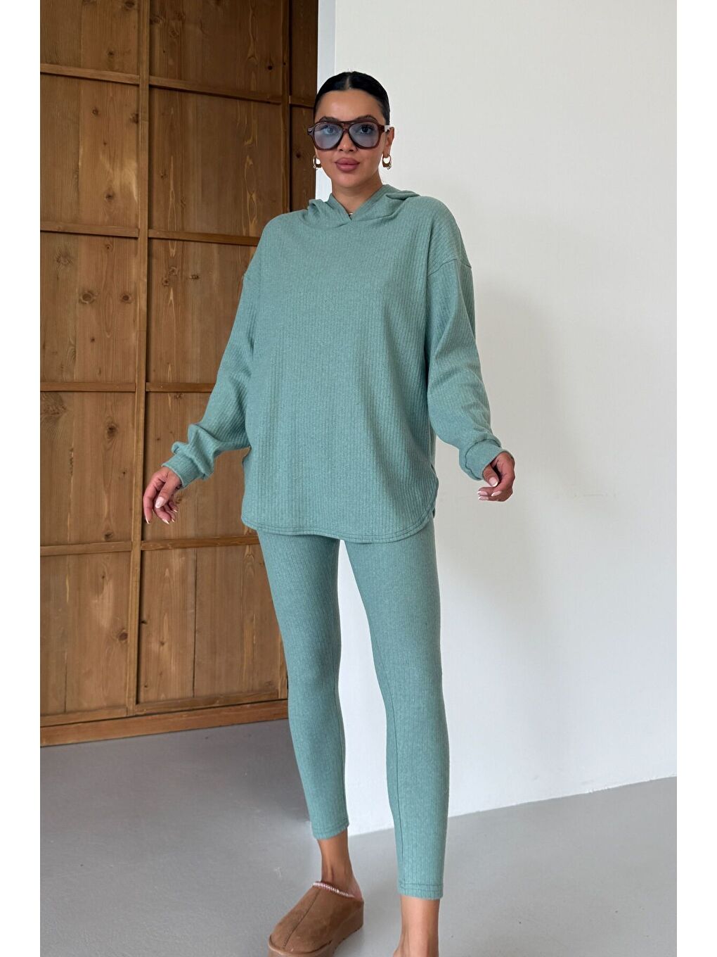 Kadın Mint Yeşili Oval Bel Detay Fitilli Kapüşonlu Taytlı İnterlok Takım-7