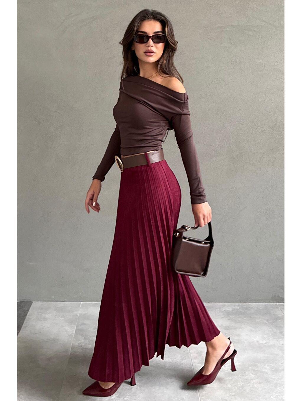 Bordo Pileli Kemerli Uzun Süet Kadın Etek Mg2576-5