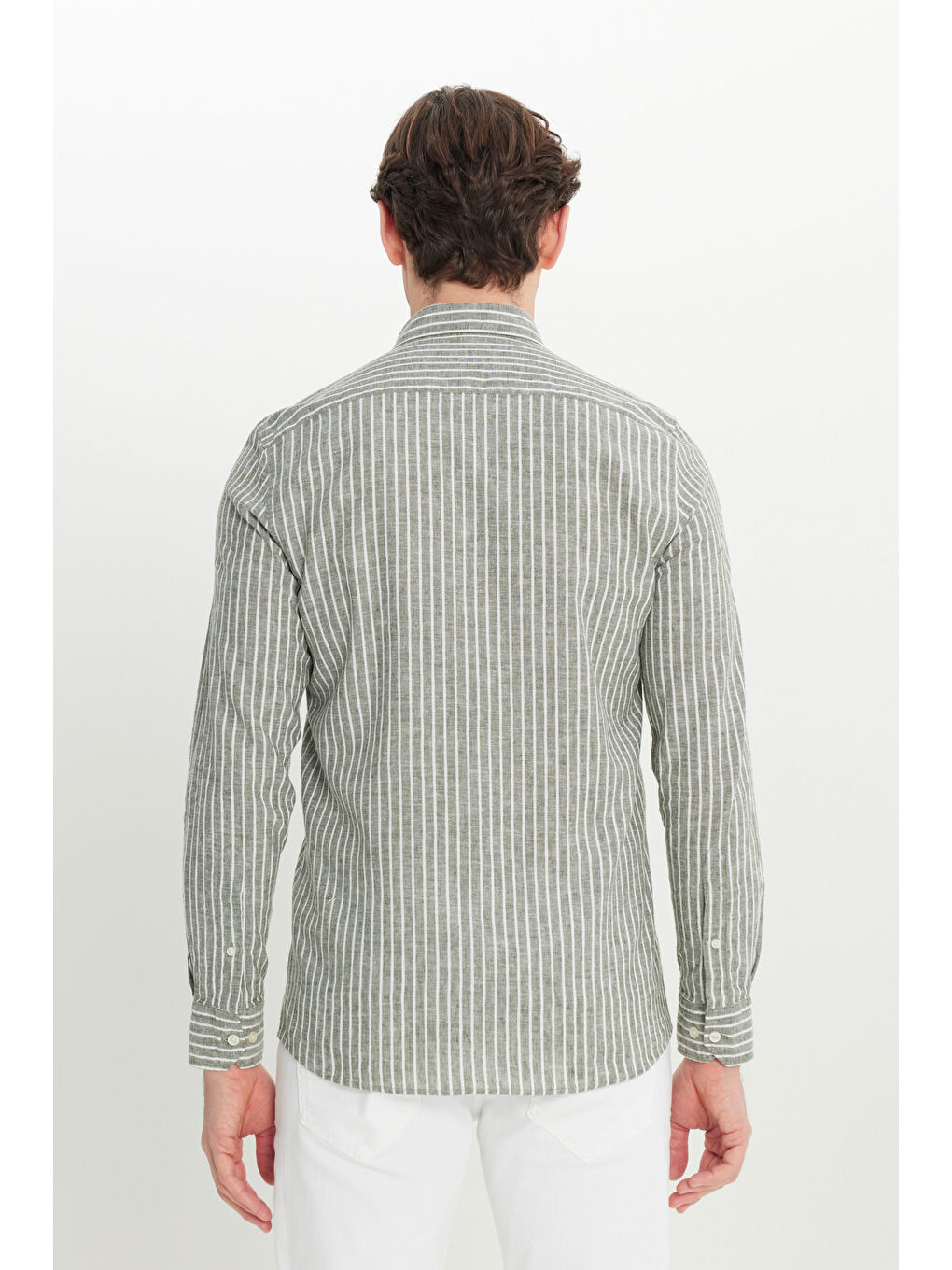 Erkek Haki Keten Slim Fit Dar Kesim Düğmeli Yaka Çizgili Gömlek-4