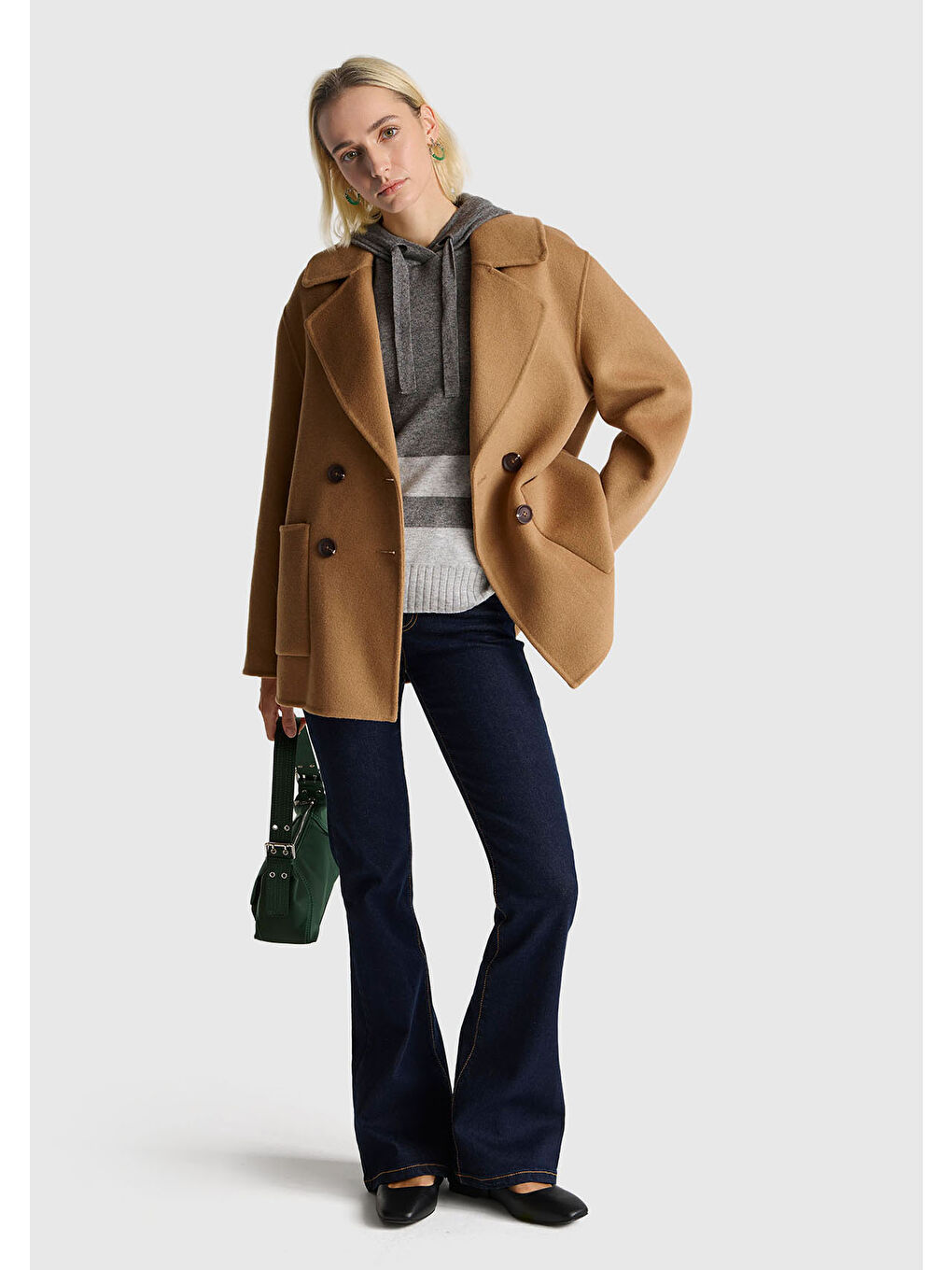 Kadın Kahverengi  Yün ve Viskoz Düğmeli Karışımlı Kruvaze Kısa Kaban-4