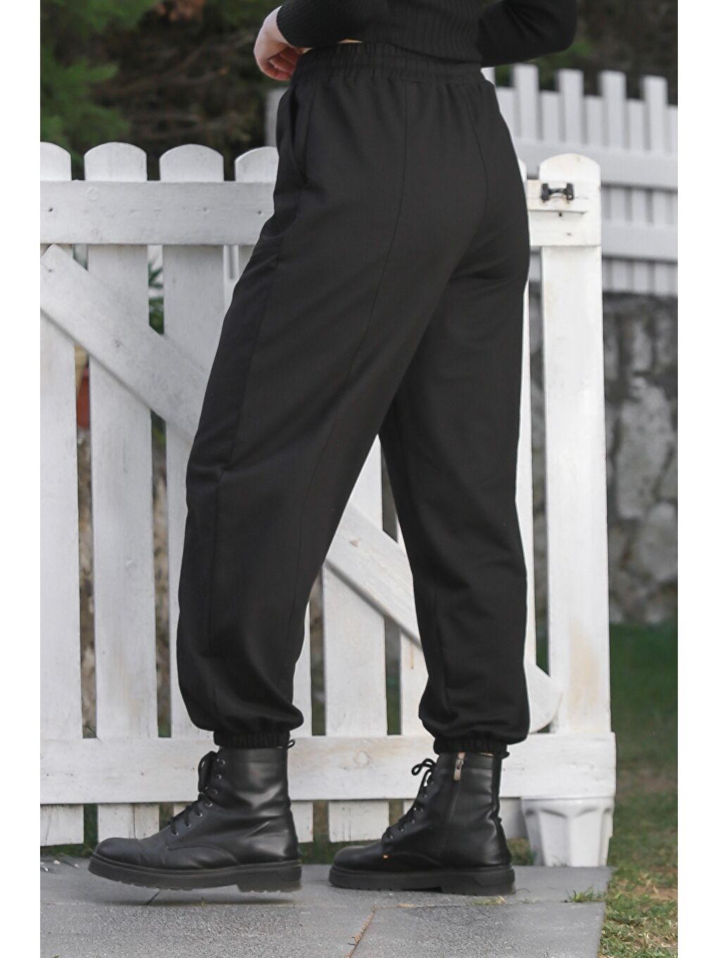 Siyah Cepli Lastikli Ve Bağlamalı Bel Lastikli Paça Casual Örme Pantolon 96 60-1