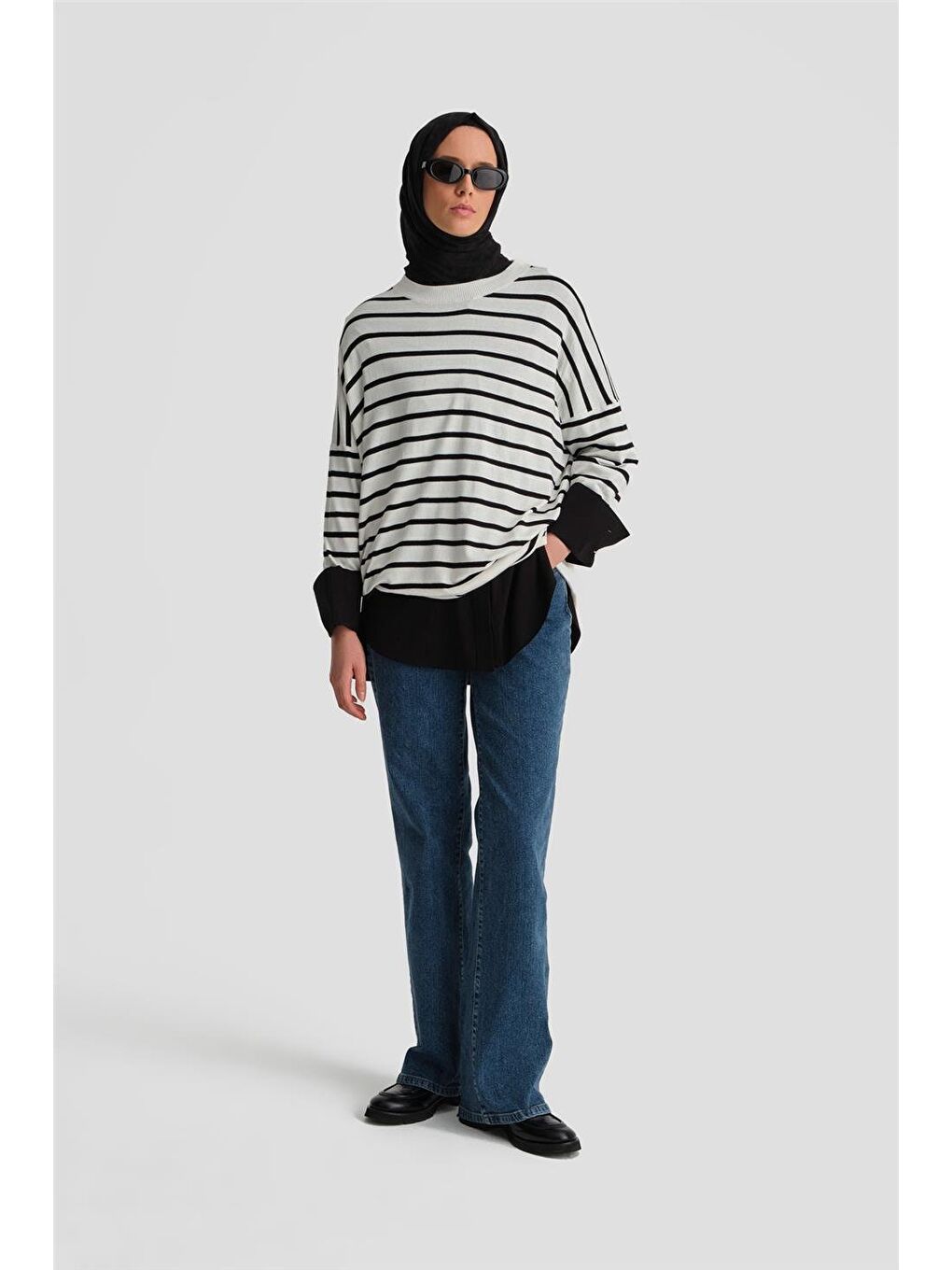 Beyaz Çizgili Triko Tunik 24Kd2007 Ekru