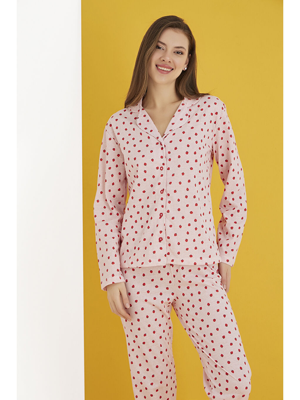 Pembe Pamuklu Düğmeli Pijama Takım 451-40-1