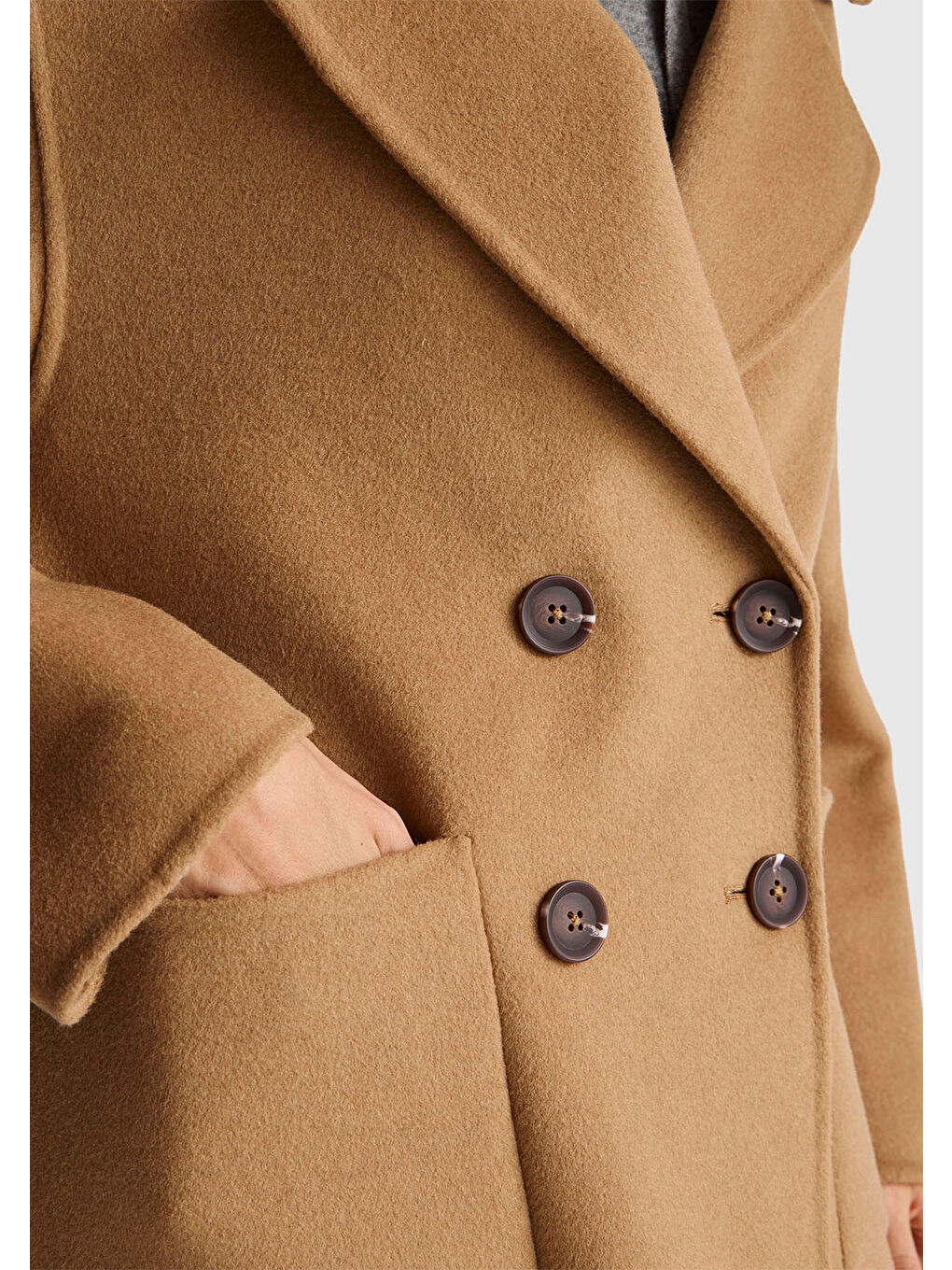 Kadın Kahverengi  Yün ve Viskoz Düğmeli Karışımlı Kruvaze Kısa Kaban-5