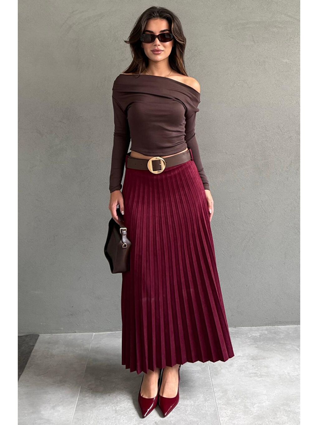 Bordo Pileli Kemerli Uzun Süet Kadın Etek Mg2576-6