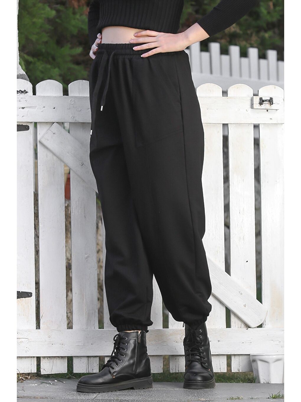 Siyah Cepli Lastikli Ve Bağlamalı Bel Lastikli Paça Casual Örme Pantolon 96 60-2