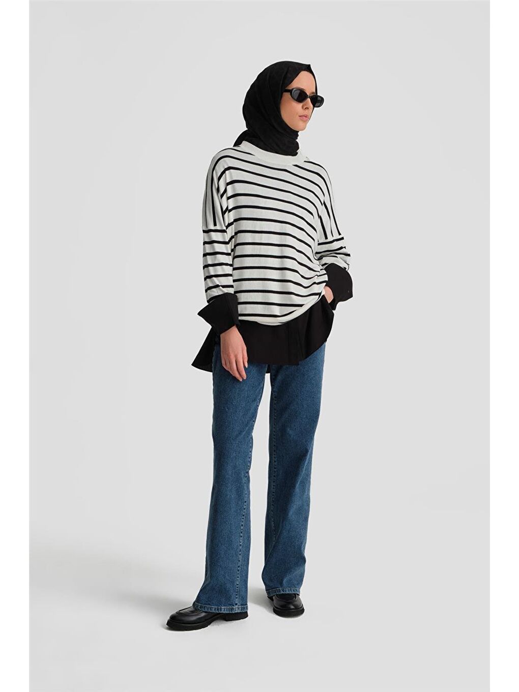 Beyaz Çizgili Triko Tunik 24Kd2007 Ekru-1