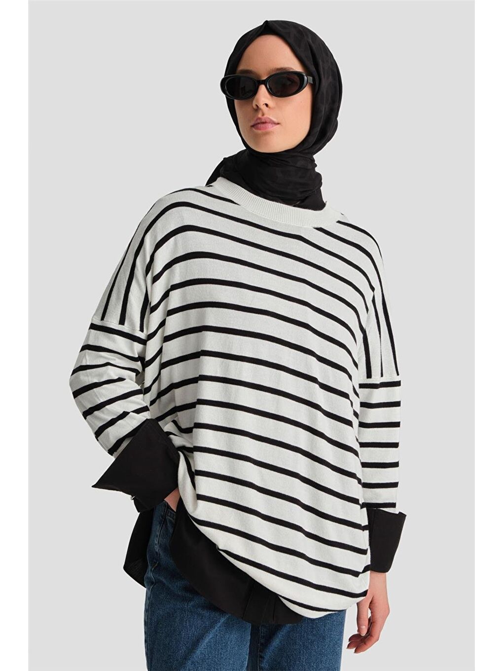 Beyaz Çizgili Triko Tunik 24Kd2007 Ekru-2