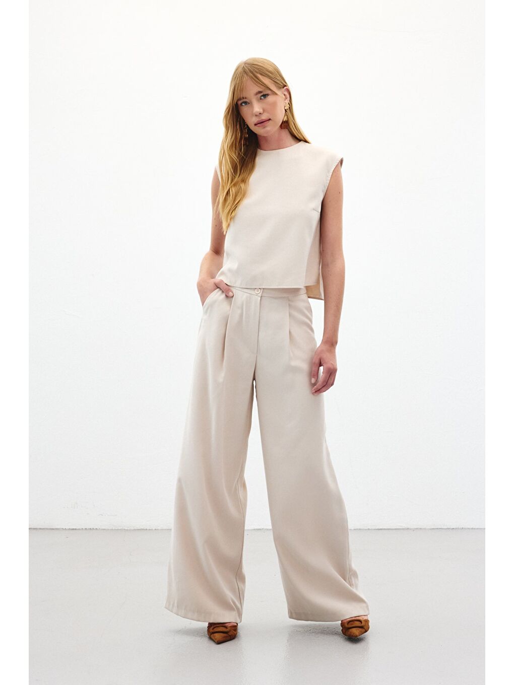 Bej Geniş Paça Pantolon - Taş-1