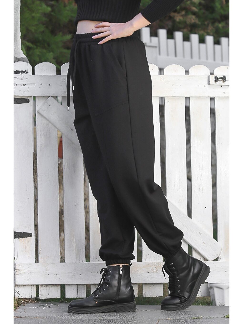 Siyah Cepli Lastikli Ve Bağlamalı Bel Lastikli Paça Casual Örme Pantolon 96 60-3