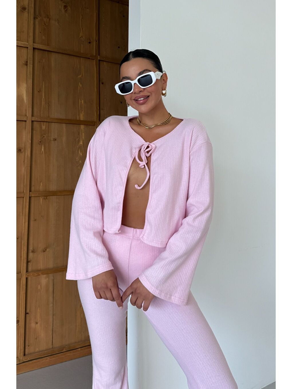 Kadın Pembe Önden Bağcık Detay Fitilli Crop Pantolon Takım-7