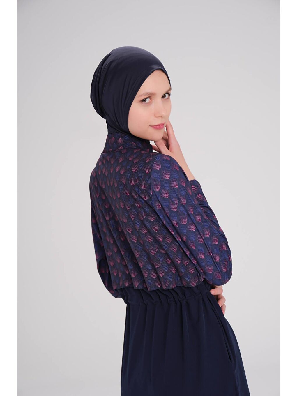 Tam Boy Jileli Lacivert 5 Parça Tam Tesettür Mayo Takımı 4059-9