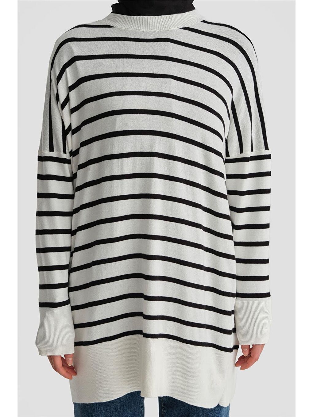 Beyaz Çizgili Triko Tunik 24Kd2007 Ekru-3