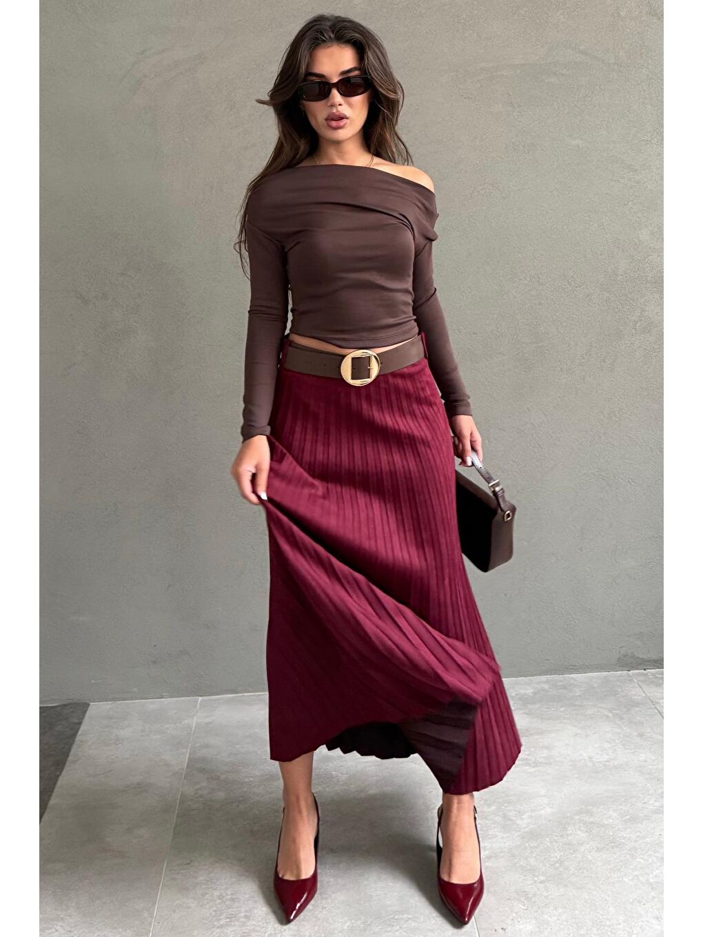 Bordo Pileli Kemerli Uzun Süet Kadın Etek Mg2576-7