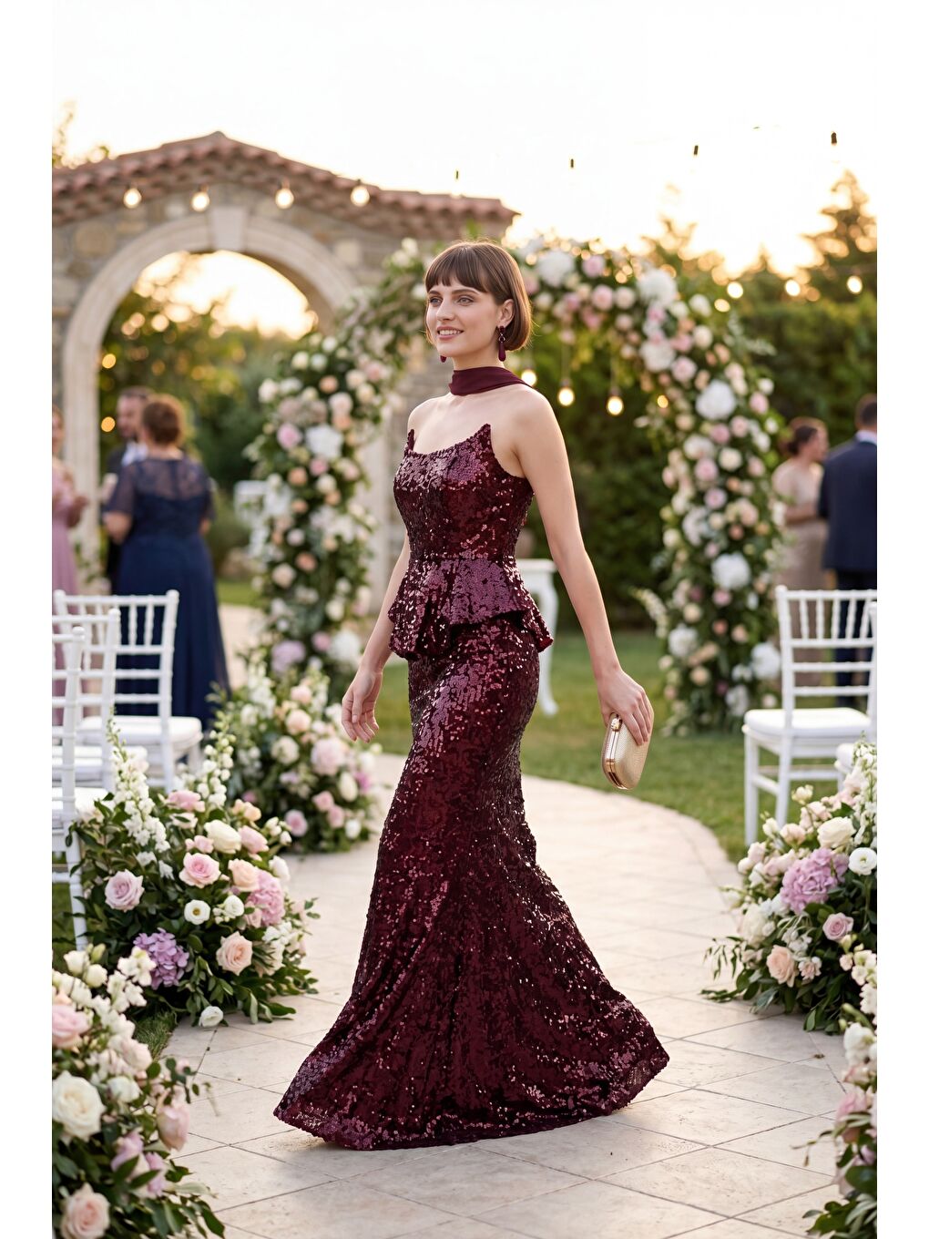 Kadın Bordo Şal Yaka Pul Payet Uzun Balık Abiye Elbise-4