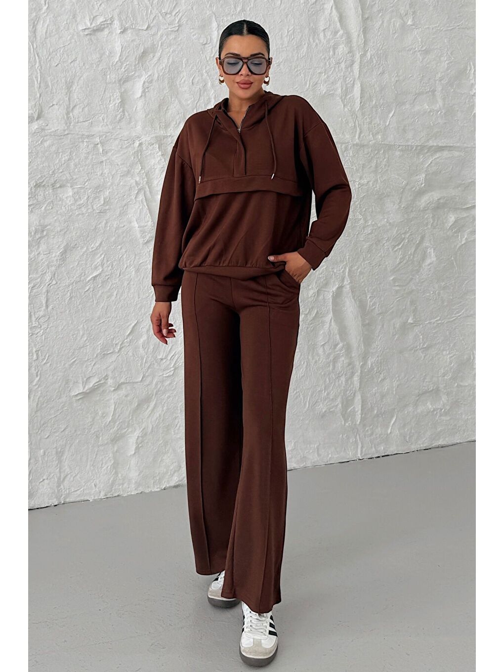 Kadın Kahverengi Kapüşonlu Biye Detaylı Yarım Fermuarlı Kanguru Cepli Alt-Üst Takım-4