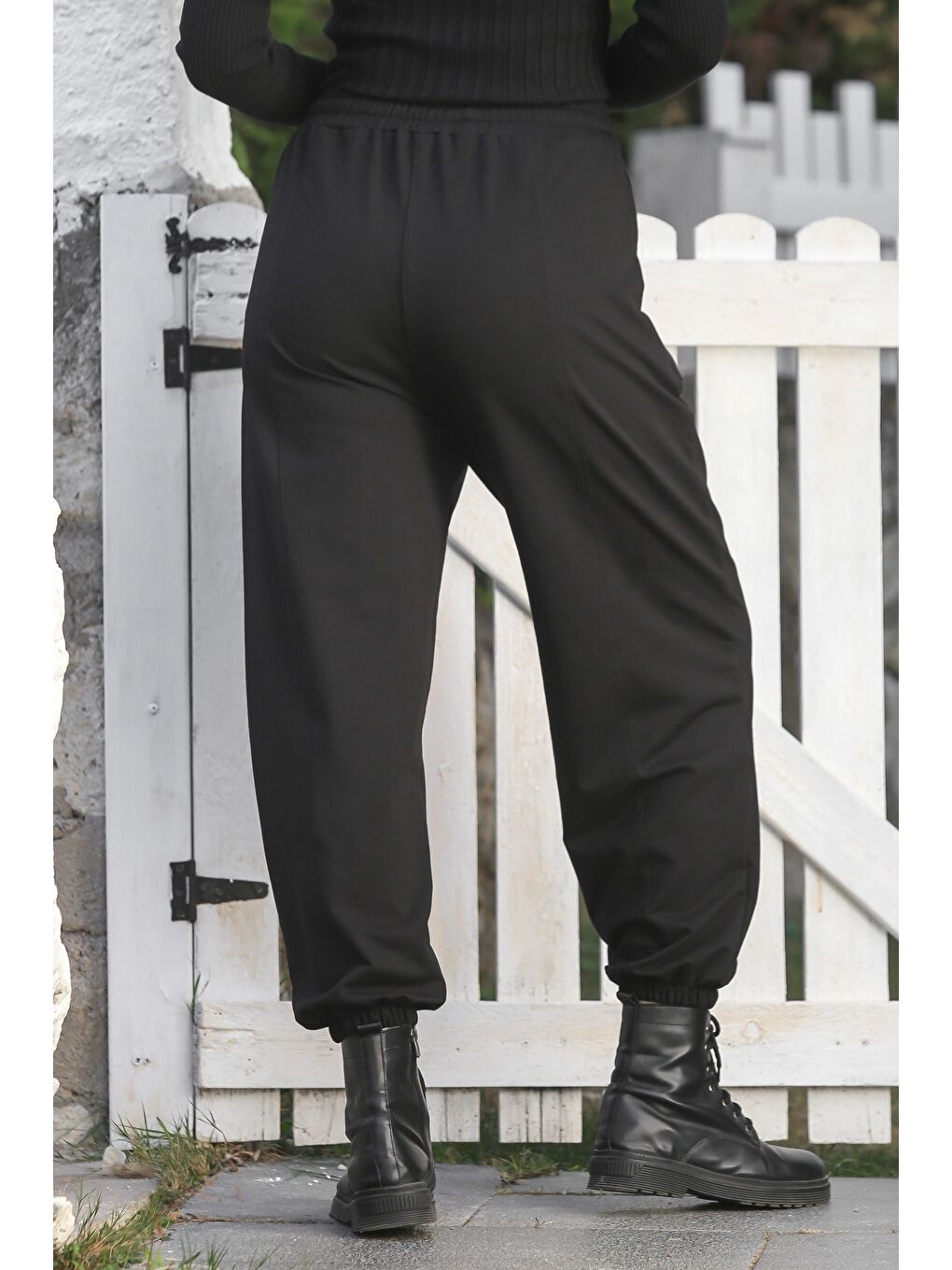 Siyah Cepli Lastikli Ve Bağlamalı Bel Lastikli Paça Casual Örme Pantolon 96 60-4