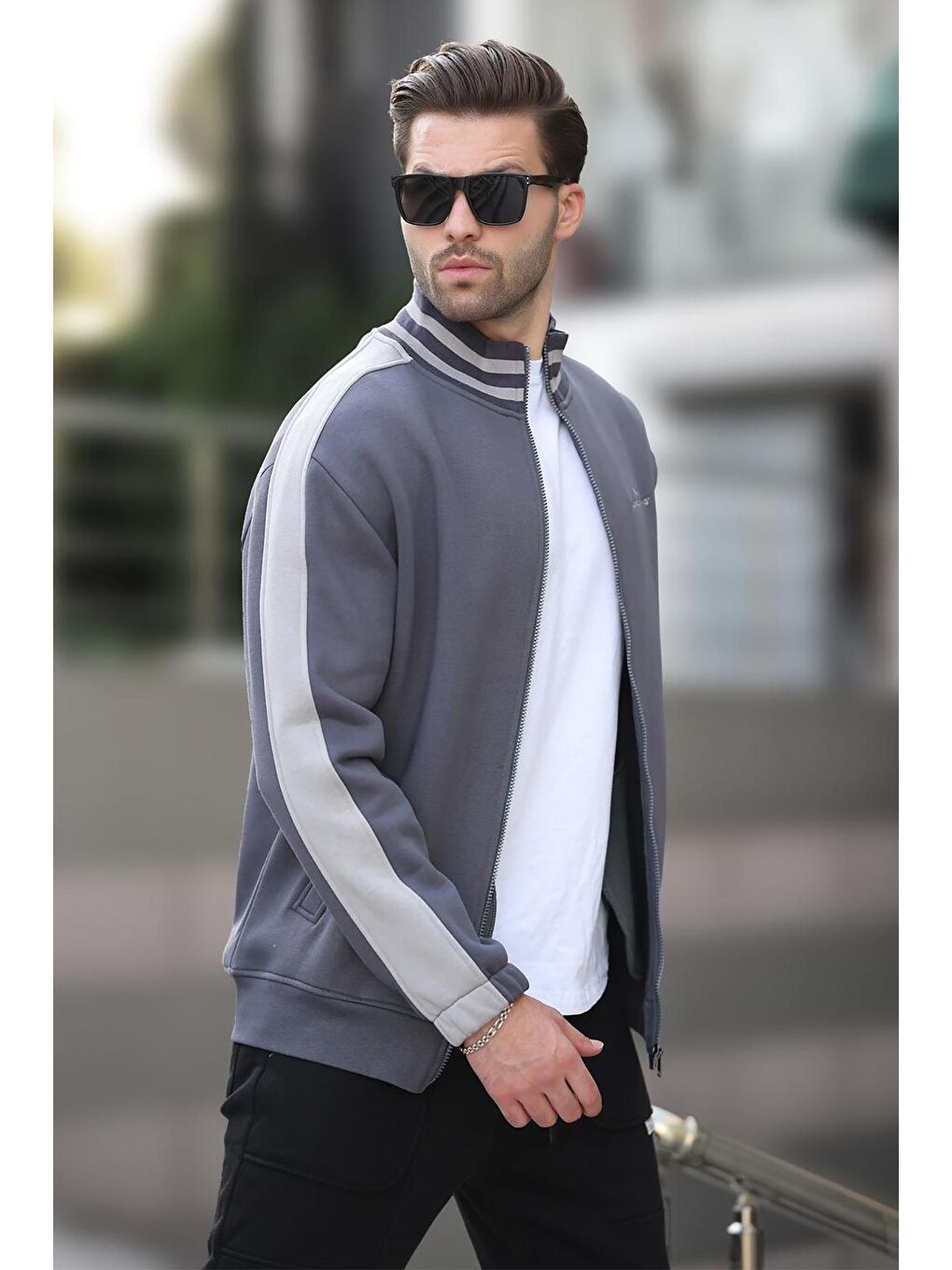Gri Füme Yarım Balıkçı Yaka   Baskılı Erkek Polar Fermuarlı Sweatshirt Hırka 7081-2