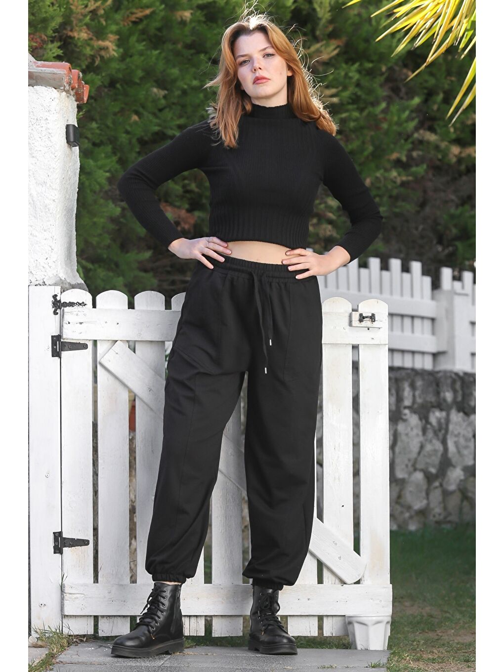 Siyah Cepli Lastikli Ve Bağlamalı Bel Lastikli Paça Casual Örme Pantolon 96 60-5