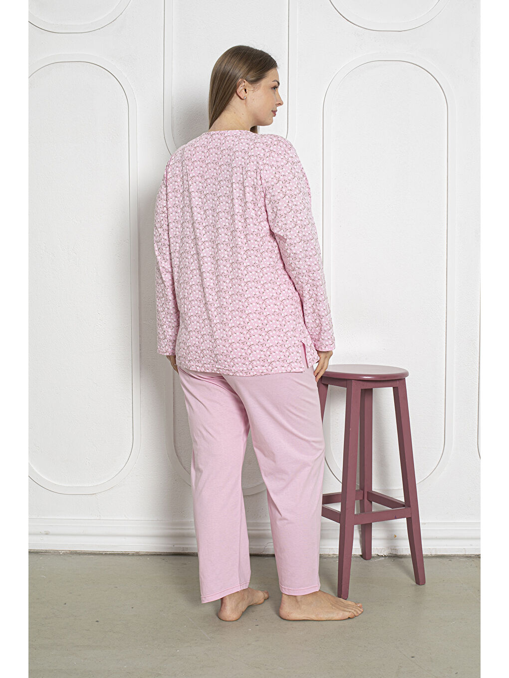 Pembe %100 Pamuklu Uzun Kollu Boydan Düğmeli Büyük Beden Kadın Pijama Takımı 206-3