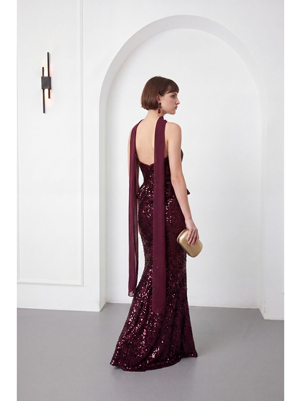 Kadın Bordo Şal Yaka Pul Payet Uzun Balık Abiye Elbise-5