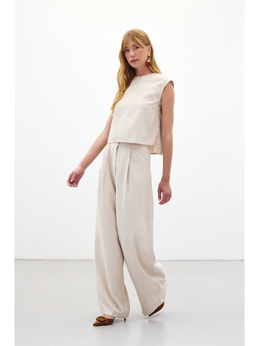 Bej Geniş Paça Pantolon - Taş-2