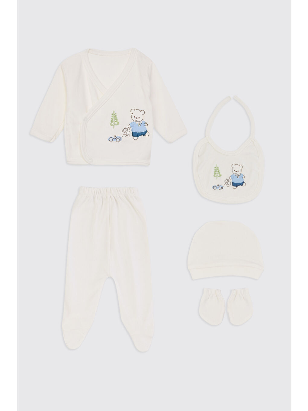 Yenidoğan Ayıcık Detaylı Ekru 5'li Hastane Çıkış Seti