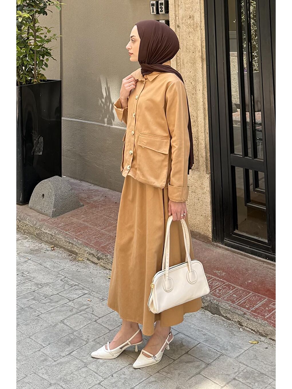 Kahverengi Cep Detaylı İkili Etek Tesettür Takım Camel-1