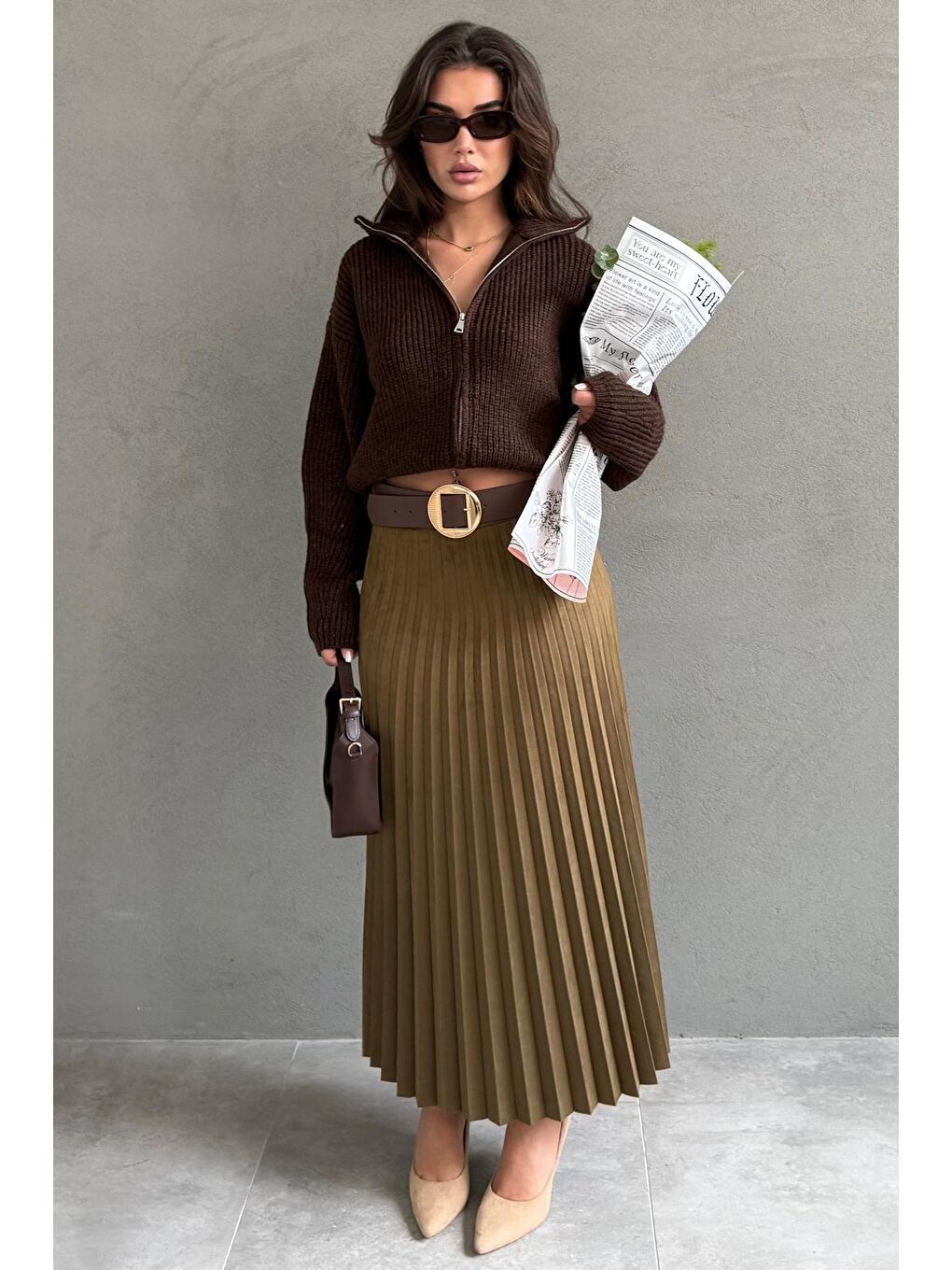 Haki Pileli Kemerli Uzun Süet Kadın Etek Mg2576
