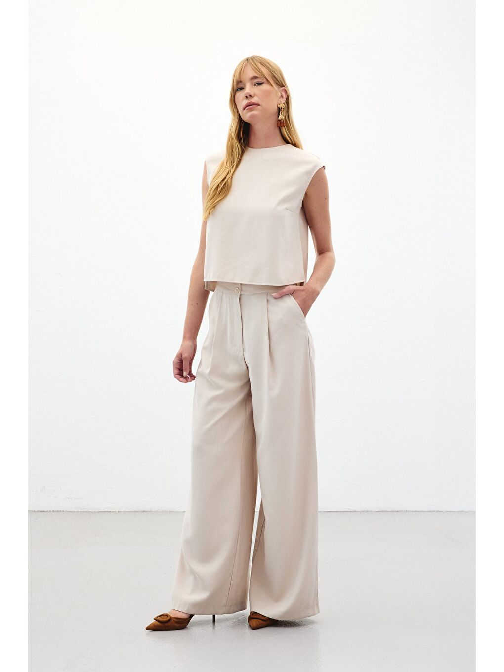 Bej Geniş Paça Pantolon - Taş-3