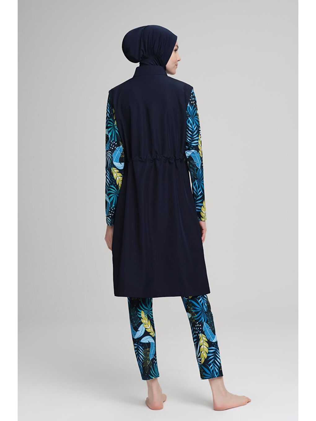 Manolya Yaprak Desen Lacivert Jileli 3 Parça Tam Tesettür Mayo Takımı 2228-1