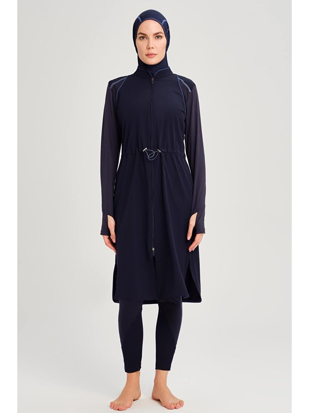 Performans Serisi Petek Doku Detaylı Lacivert 5 Parça Tam Tesettür Mayo Takımı H-Per50 2001-1